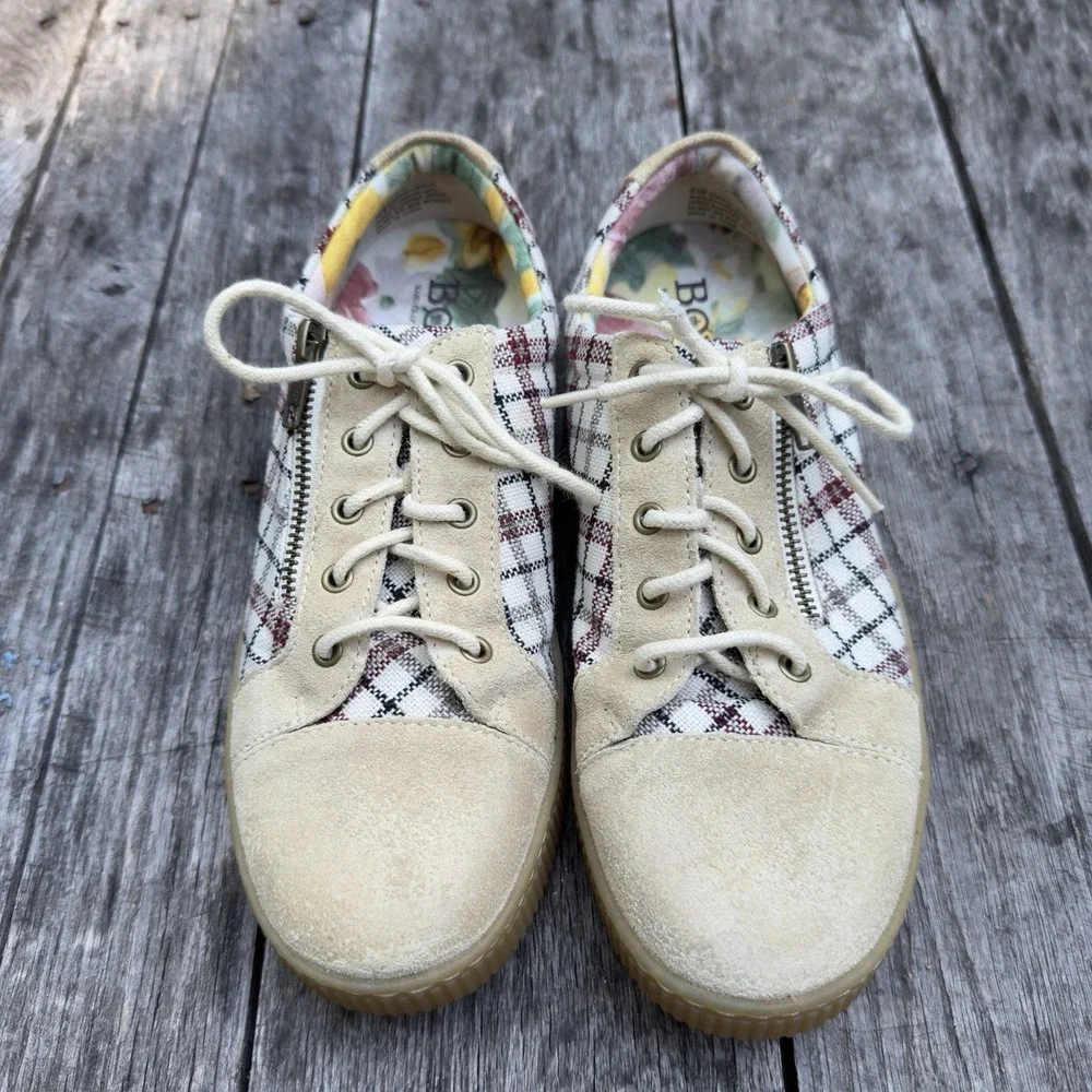 Women's BORN‎ Tamara Plaid Checkered Leather Zip Sneakers-Tan-Size 8.5